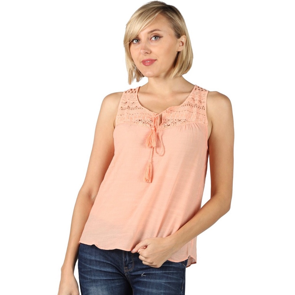 💥 SALE 🍑 Peach Crochet Lace Tassel Tie Front Tank Top - Picture 1 of 3
